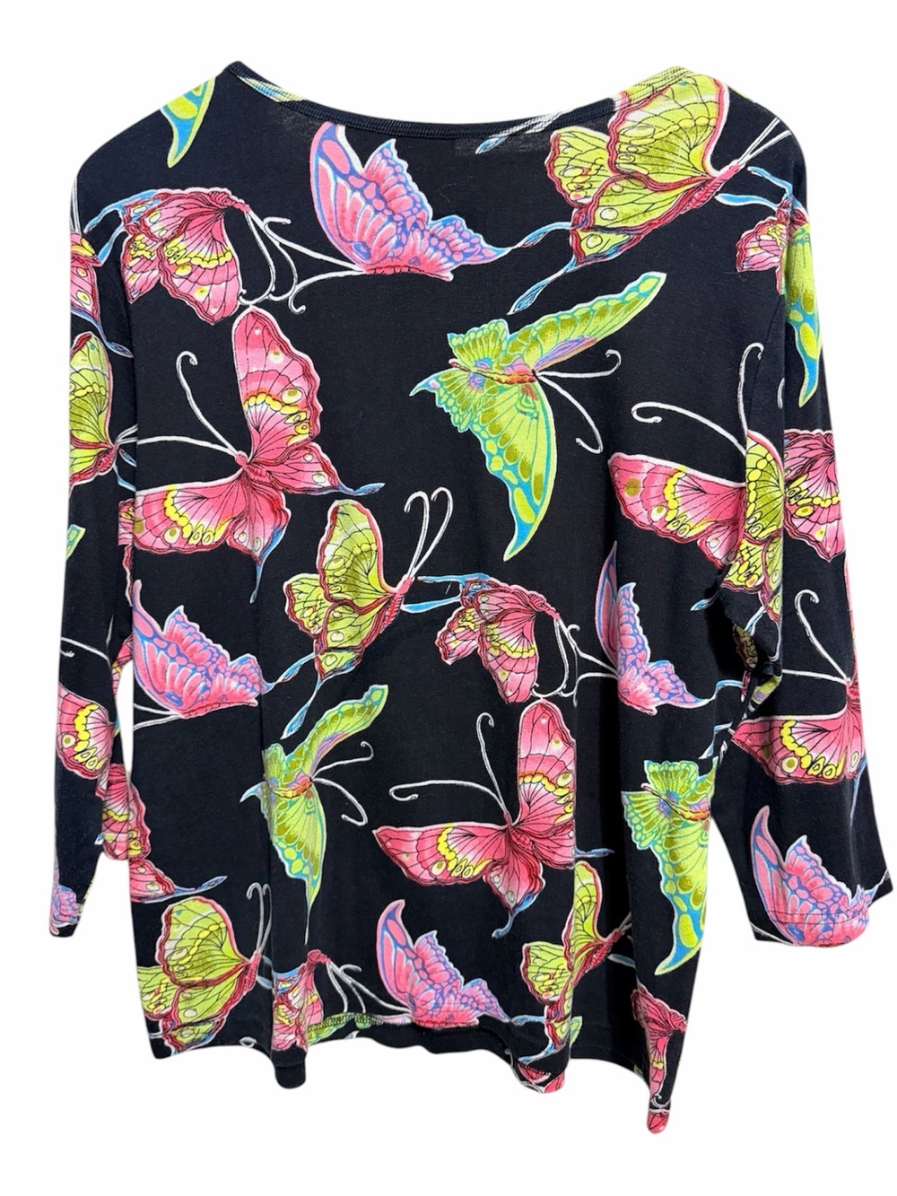 Take Two Women’s Black Butterfly-Print Long Sleeve Tee with Pink & Green Accents